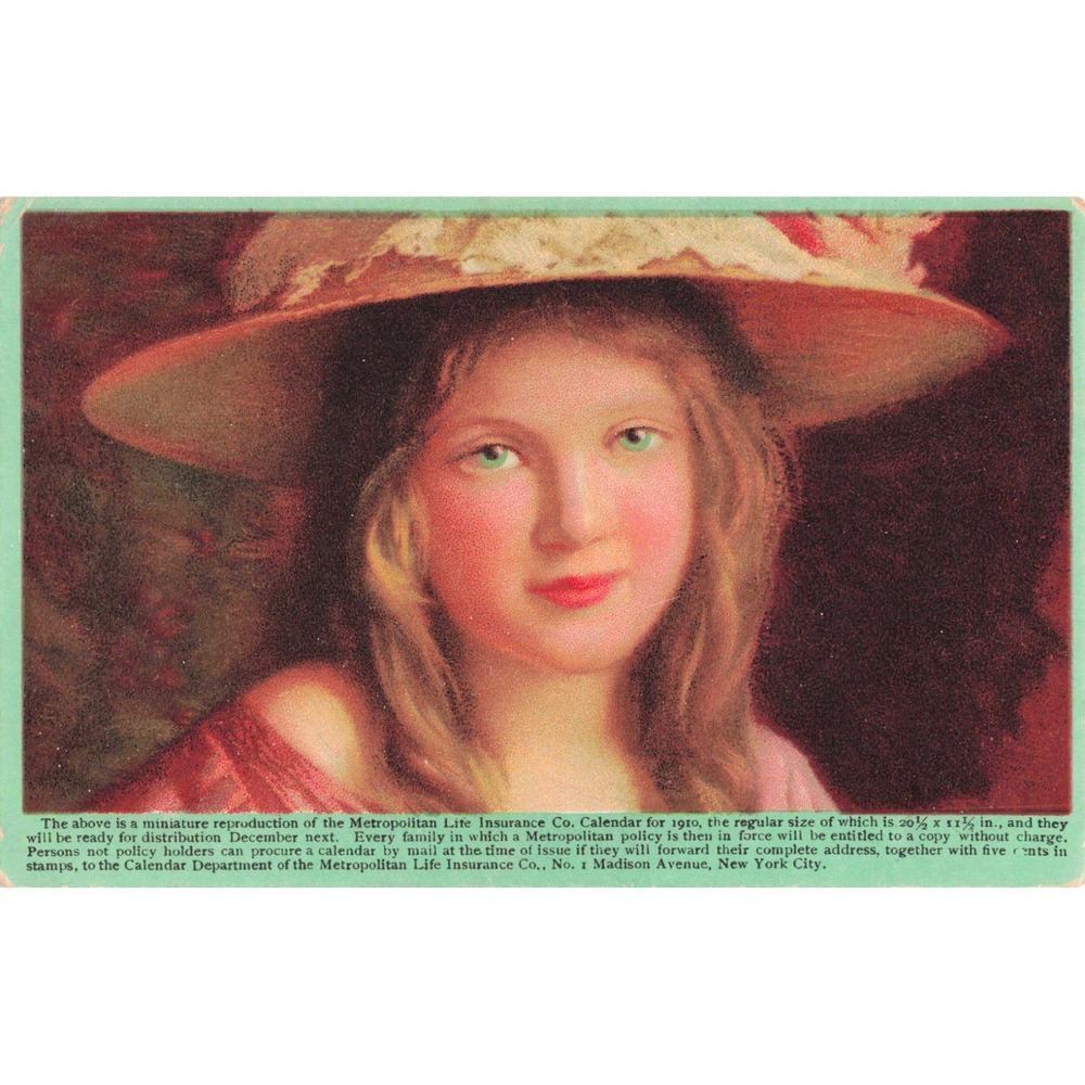 1910 Metropolitan Life Insurance Co Calendar Postcard NY Advertising Woman Vtg
